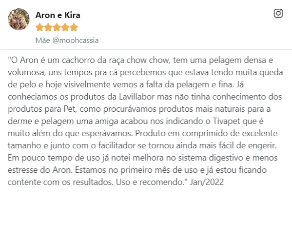 Depoimento sobre Aron, Chow Chow, com recuperação da pelagem após usar Tiva Pet