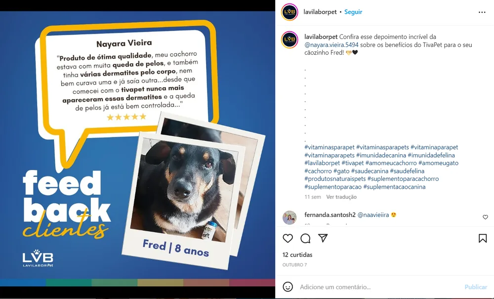 Feedback de cliente publicado no Instagram da Lavilabor Pet