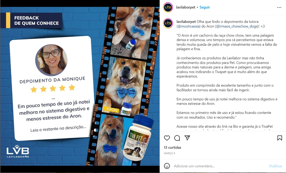 Depoimento de cliente publicado no Instagram da Lavilabor Pet