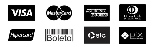 Visa, Mastercard, American Express, Diners Club, Hipercard, Boleto, Elo e Pix
