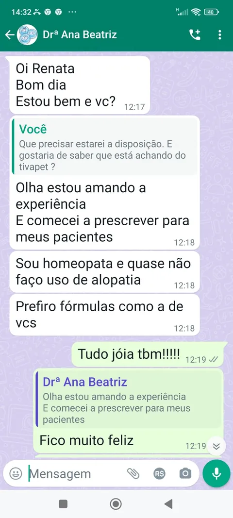 Conversa de WhatsApp com a veterinária Dra. Ana Beatriz, que passou a prescrever Tiva Pet
