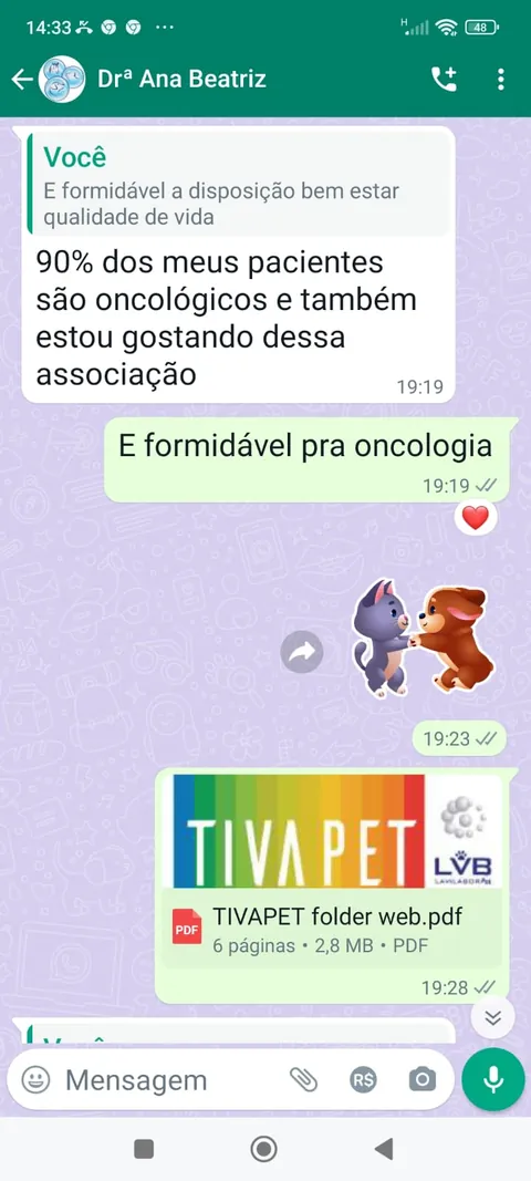 Conversa de WhatsApp: Dra. Ana Beatriz diz que o Tiva Pet é formidável para oncologia