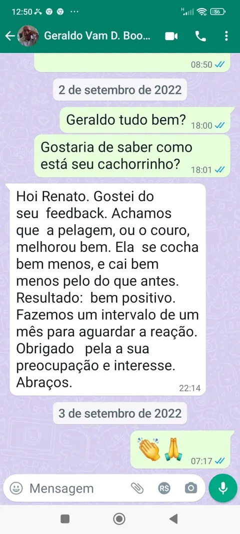Conversa de WhatsApp com tutor relatando melhora na pelagem, no couro e nos ossos do pet
